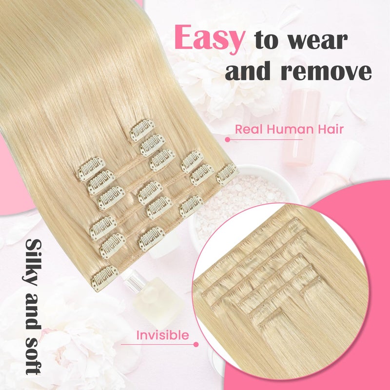 Aison Platinum Blonde Clip in Hair Extensions 70G 100% Remy Real Human Hair Soft Silky Straight 7pcs 16clips One Pack (20 Inch #60) - Image 2